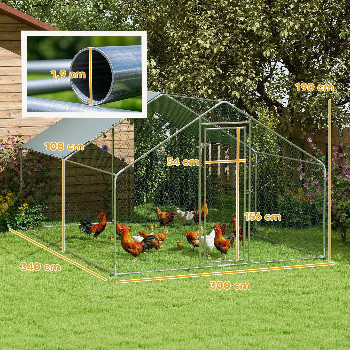 Kippenren – Kippenhok – Pluimveerek – Hennenren – Buitenren – Zilver 300x340x190 cm – Verzonken Stalen Buizen – Waterdichte UV-bestendige Oxford Hoes