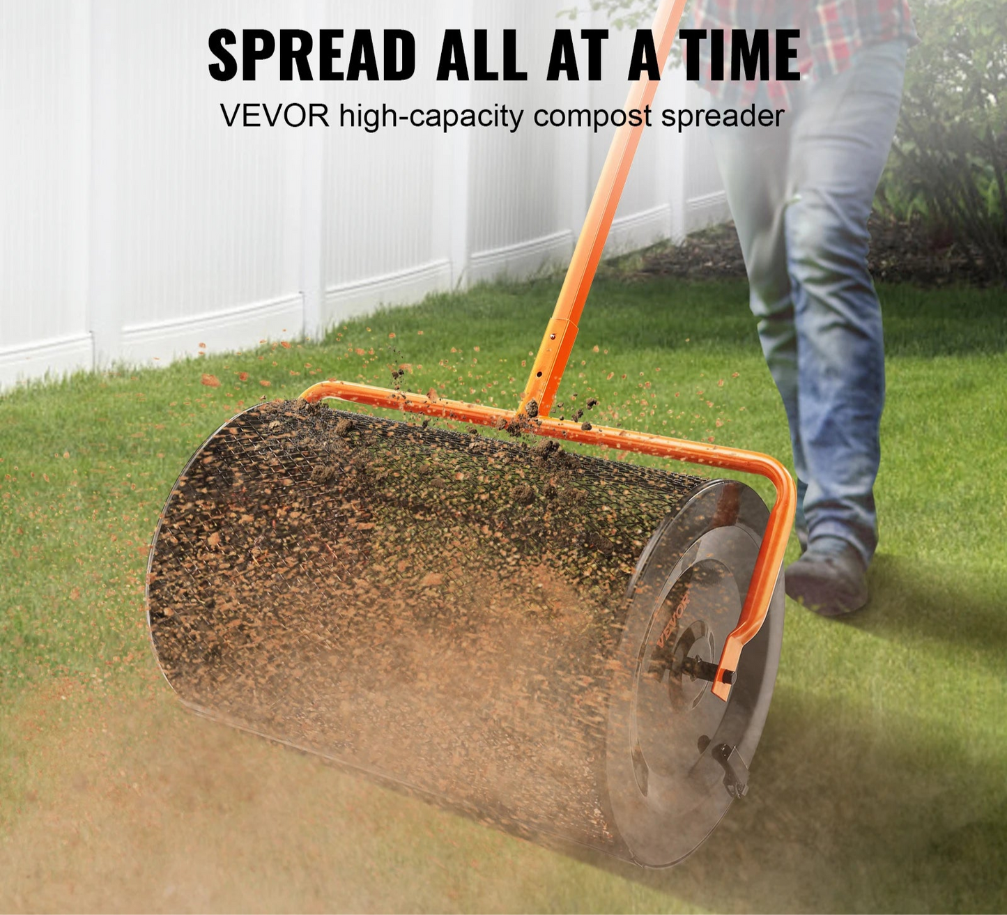 Compostverspreider - Strooiwagen - Lichtgewicht Ontwerp - Turf Mos Roller - Verstelbaar Handvat -  voor Tuin - Gazon - 24inch -  61 x 107 cm - Oranje/Zwart
