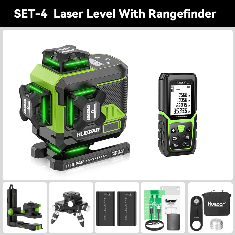 Huepar 4D 16 Lines Cross Line Laser Level Z04CG LCD Screen Bluetooth & Remote Control Osram Green Beam With 2x Li-ion Batteries