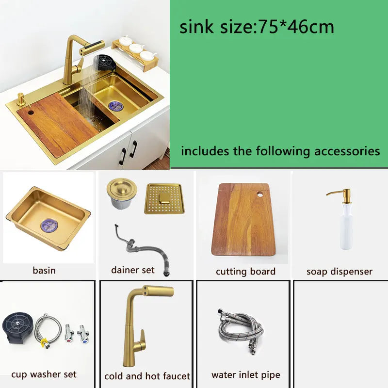 gold Waterfall faucet kichen sink Nano sink 304 Stainless Steel Golden Topmount Single Bowl Wash Basin 4 function kitchen faucet - QUORE