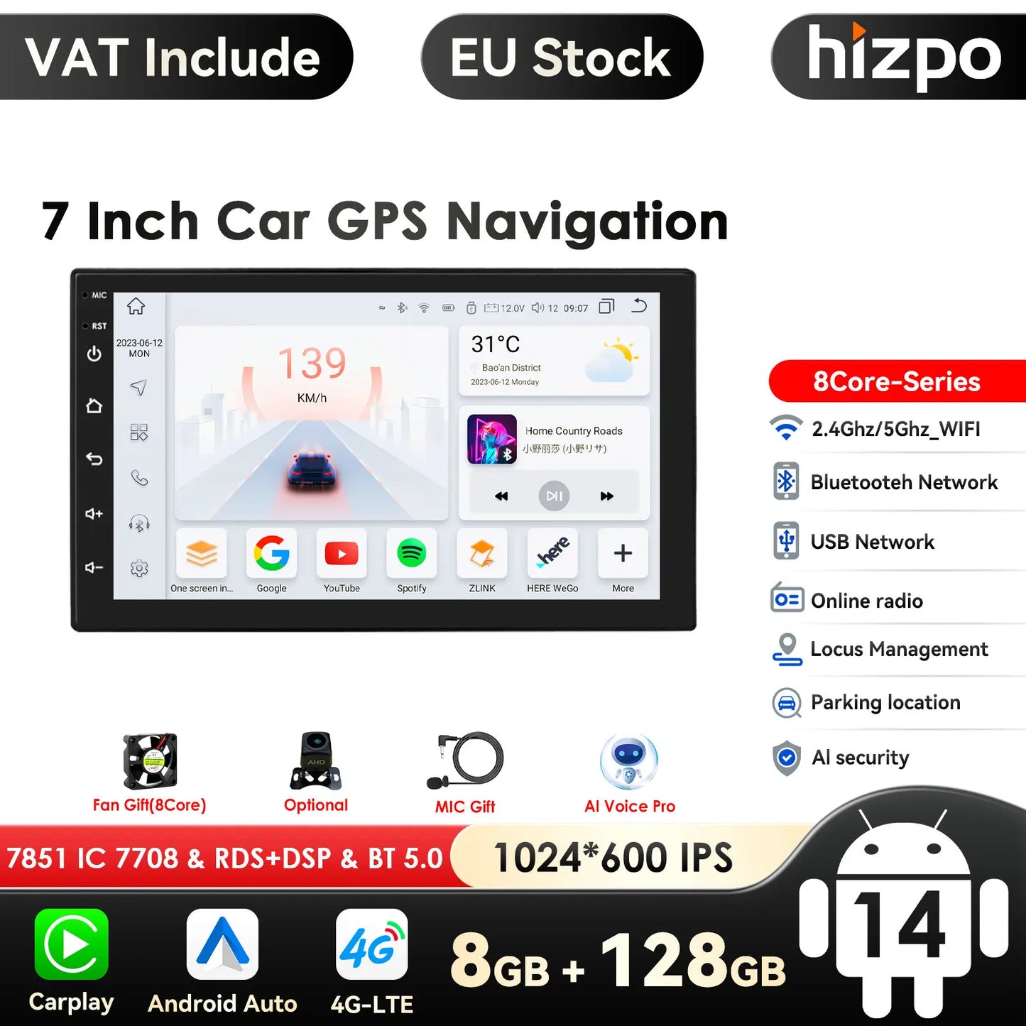 2-din Android Autoradio – Multimediaspeler – Navigatiesysteem – Touchscreen – Auto Stereo – 7-inch Display – GPS Navigatie – CarPlay & Android Auto Support - QUORE