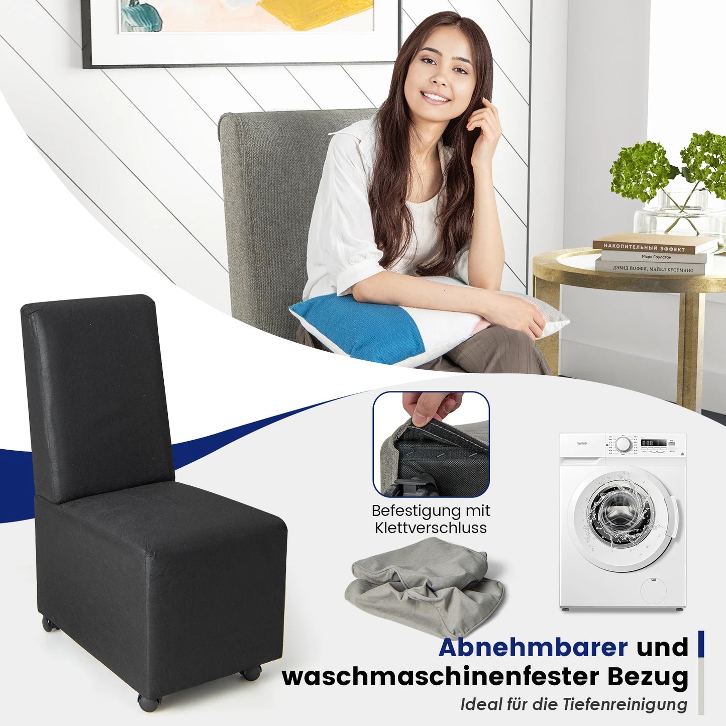 Elegante Houten Eetkamerstoel in Grijs – Comfortabele Gestoffeerde Zitting – Klassieke Hoge Rugleuning – Stevig Houten Frame – Geschikt voor Keuken, Eetkamer of Woonkamer – 47 x 60,5 x 98 cm