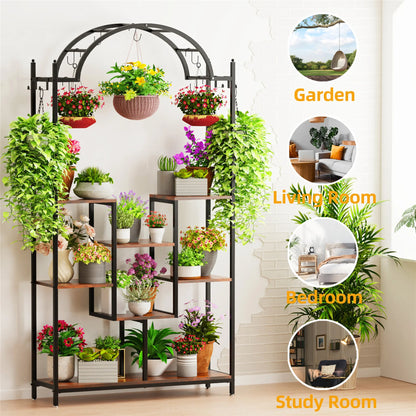 Plantenstandaard Binnen - Plantenrek Binnen - Industrieel Plantenrek - 190cm - 5-Laags Hoge - Metalen en Haken - Houten Planken - voor Binnen & Buiten - Broen