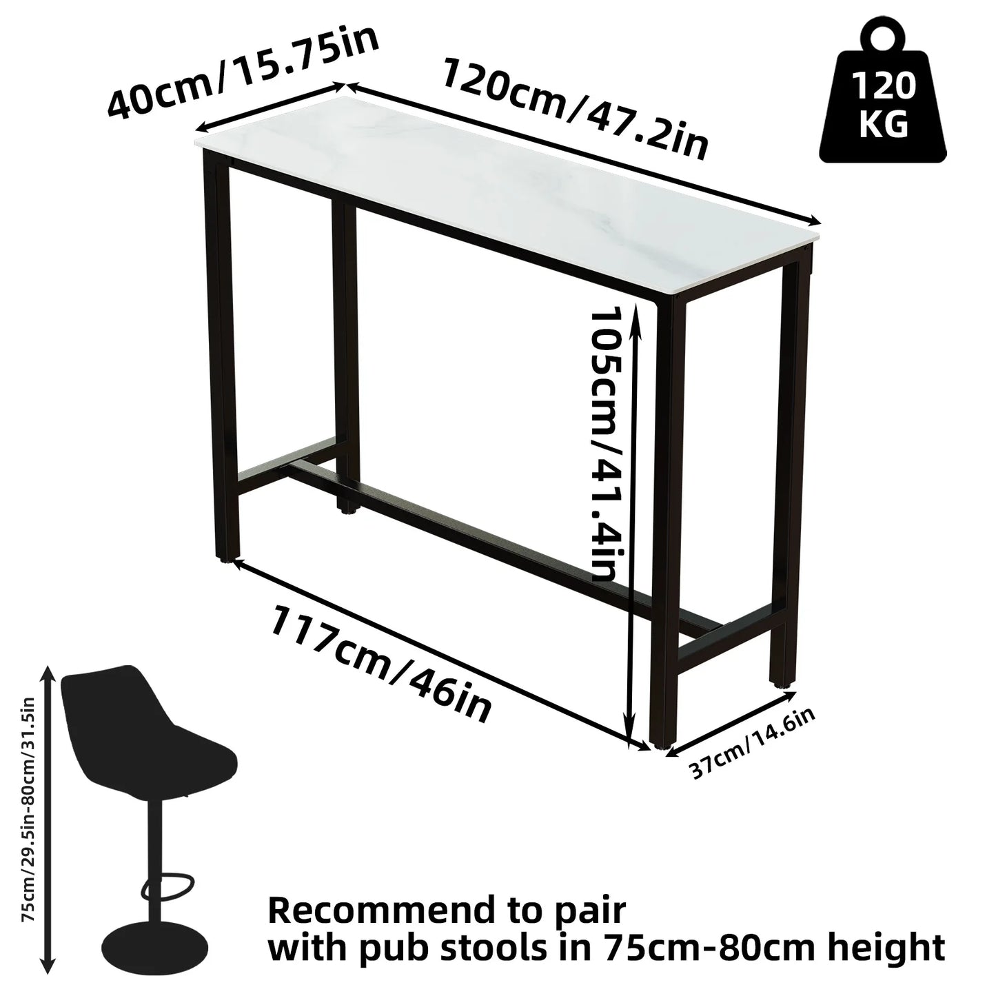 Marmeren Keukentafel – Bar Tafel – Hoge Tafel – Ontbijttafel – Eettafel – Wit Natuursteen – 120 cm Lang – Kras- en Hittebestendig
