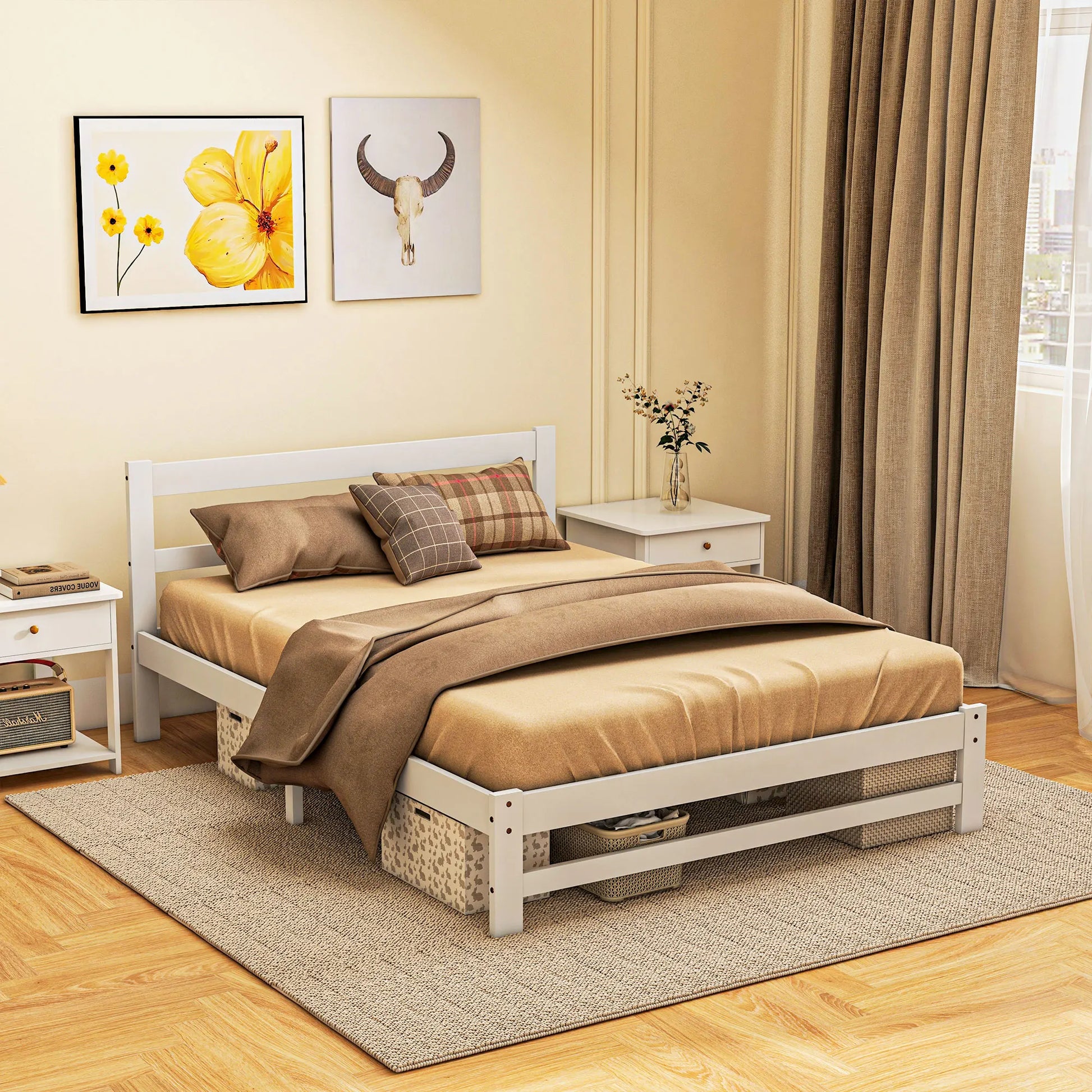 Houten Bedframe – Stevig Bed – Slaapkamer Bed – Robuust Bed – 140x195 Cm – Draagvermogen 300 Kg – Witte Afwerking - QUORE