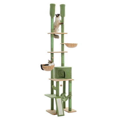 Cactus Kattentoren – Verstelbare Krabpaal met Sisal, Hangmat en 2 Mandjes – Kattenkrabpaal voor Meerdere Katten – Hoogte 216-285 cm – Kattenmeubel – Groen