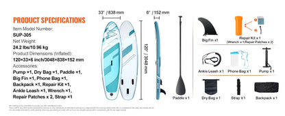 Supboard - Stand-Up Paddle Board - Sup - Sup Board Opblaasbaar - 10' x 33" x 6" - Inclusief Accessoires en Reparatieset – Antislip Dek – Geschikt voor Jongeren en Volwassenen