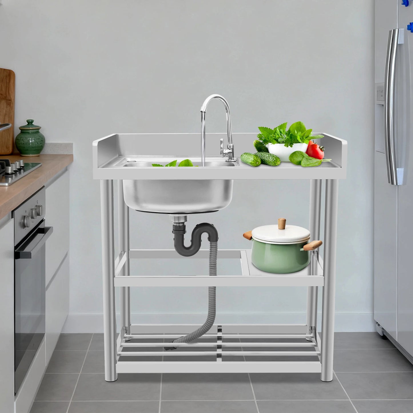 Roestvrijstalen spoelbak – Vaatwasser – Werkbak – Keukenspoelbak – Vrijstaande wasbak – 360° Draaibare Kraan – 90x50x80 cm duurzaam RVS - QUORE