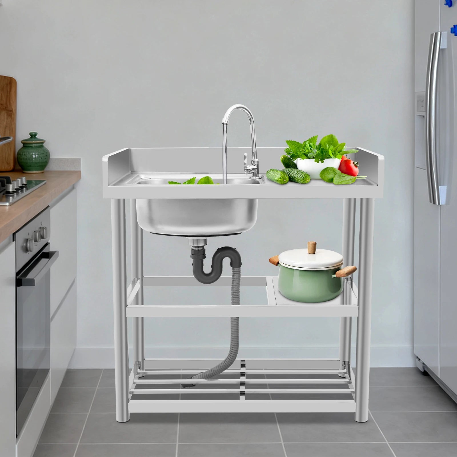 Roestvrijstalen spoelbak – Vaatwasser – Werkbak – Keukenspoelbak – Vrijstaande wasbak – 360° Draaibare Kraan – 90x50x80 cm duurzaam RVS - QUORE