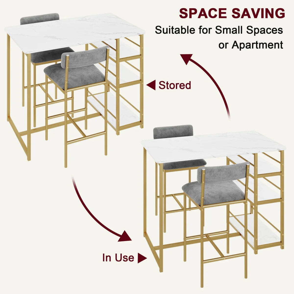 Dining Table Set Bar Table with 2 Upholstered Chairs &3 Storage Shelves Small Space Kitchen Table Pub Table Set