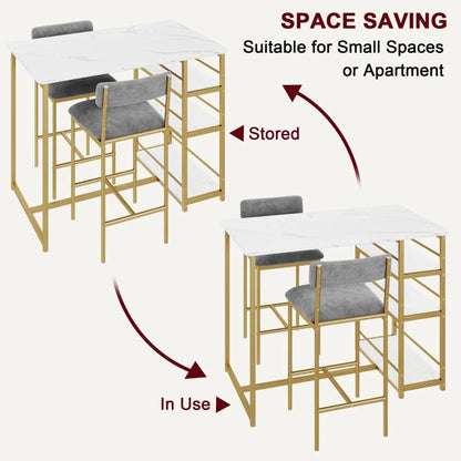 Dining Table Set Bar Table with 2 Upholstered Chairs &3 Storage Shelves Small Space Kitchen Table Pub Table Set - QUORE