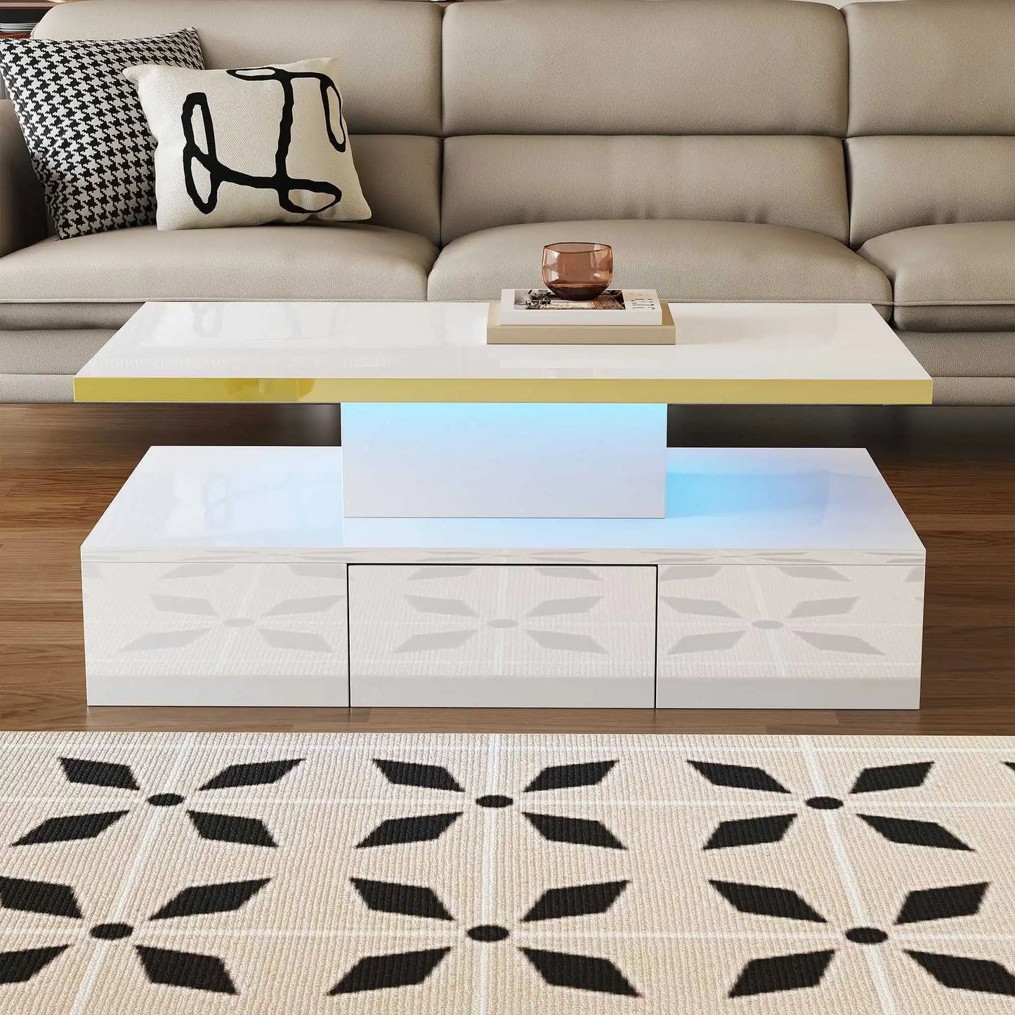 Salontafel – Tafel – Opbergtafel – Woonkamertafel – Hoogglans Wit – LED-Verlichting – Lade