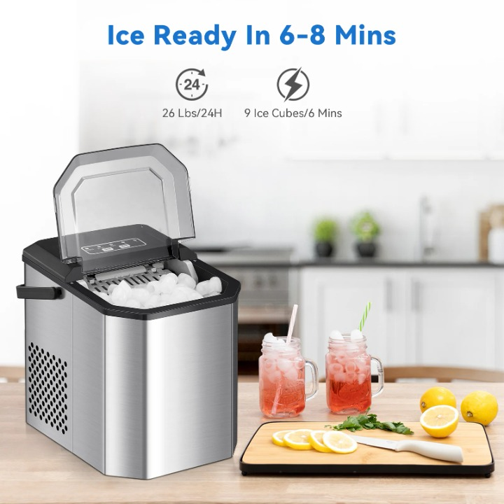 Ijsblokjesmachine - Elektrische Ijsblokjesmachine - Ijsmaker - Ijsmachine - 9 Kubussen elke 6-12min - Zelfreinigend - 45 dB - RVS - 22.2 x 29.4 x 29 cm - Zilver