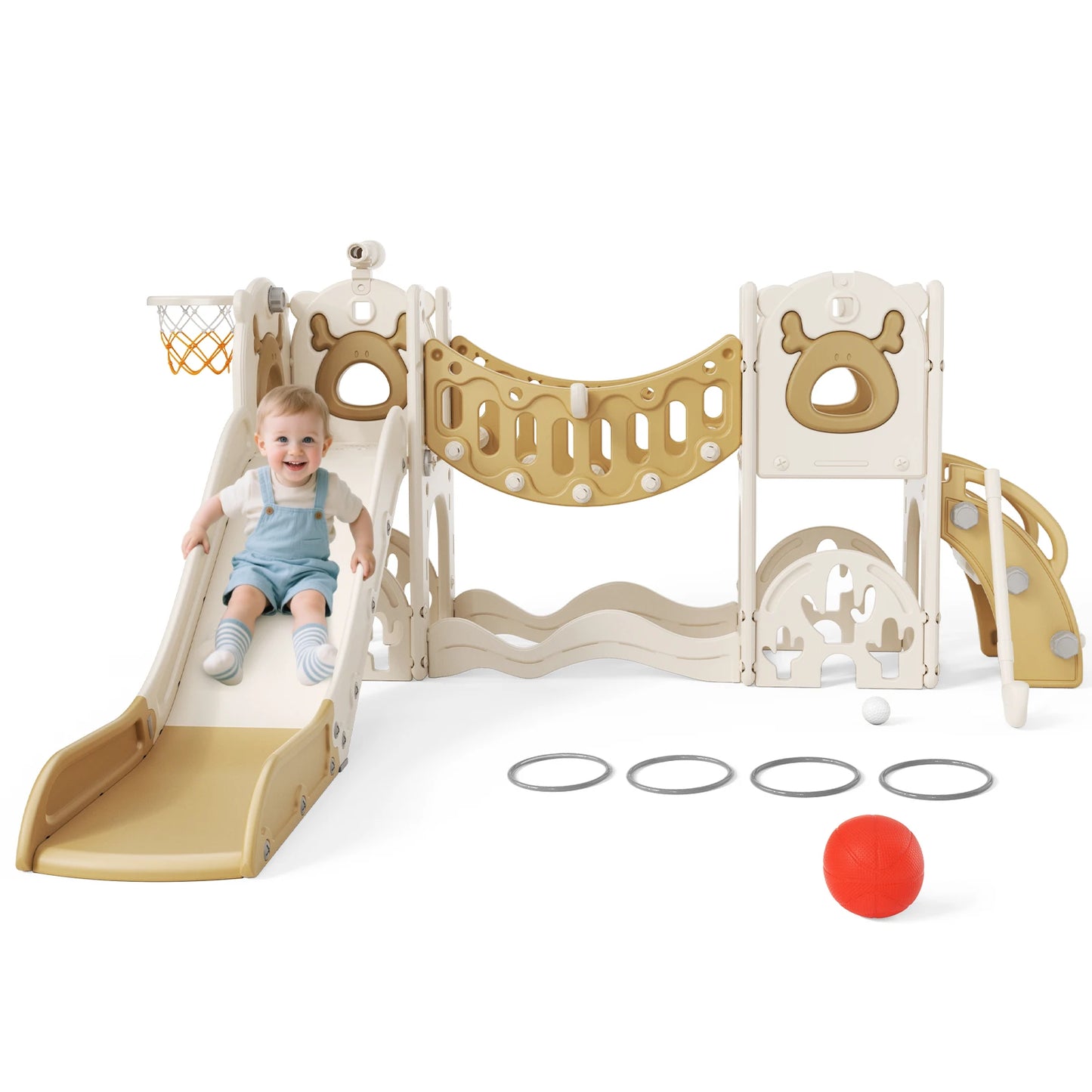 9-in-1 Speeltoestel Kinderen – Speelset Binnen – Klimrek – Glijbaan – Schommel – Basketbalring – Compact Ontwerp – Veilig & Duurzaam – Chocolade Variant