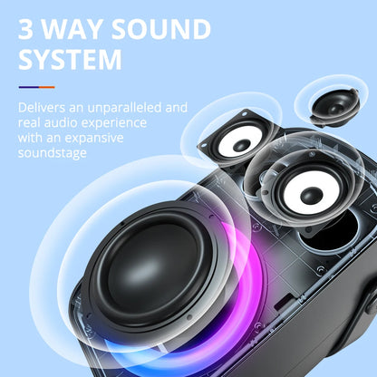 Portable Bluetooth Speaker - Portable Speaker - Party Speaker - 60W Sound - 3-Way System - Dual Audio Mode - Bluetooth 5.3 - IPX6 Waterproof - 12,000mAh - USB Charging Function
