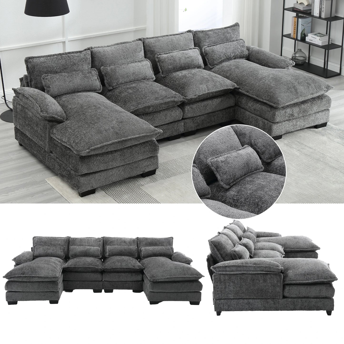 U-Vormige Bank – Hoekbank – Loungesofa – Gezinsbank – Bouclé Stof – Ergonomische Lendenkussens – Multiplex Frame