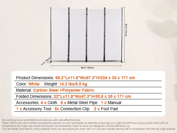 Room Divider - Partition Wall - Screen Partition - Room Divider Room Divider - - 4-Panel - Size &amp; Height Adjustable Freestanding - Foldable - for Office Home - White