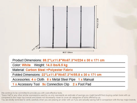 Kamerscherm - Scheidingswand - Scherm Partitie - Scheidingswand Kamerscherm - - 4-paneel - Maat & Hoogte Verstelbaar Vrijstaand - Opvouwbaar - voor Kantoor Thuis - Zwart