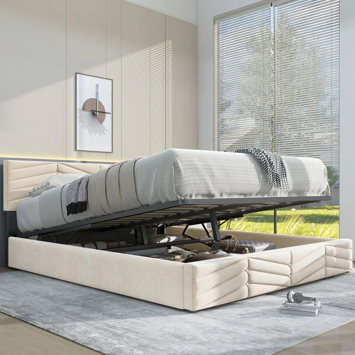 Fluwelen Bed – Velvet Bed – Luxe Bed – Slaapbed – Beige Bed – Verstelbare Hoofdsteun – Robuuste Houten Lattenbodem - QUORE