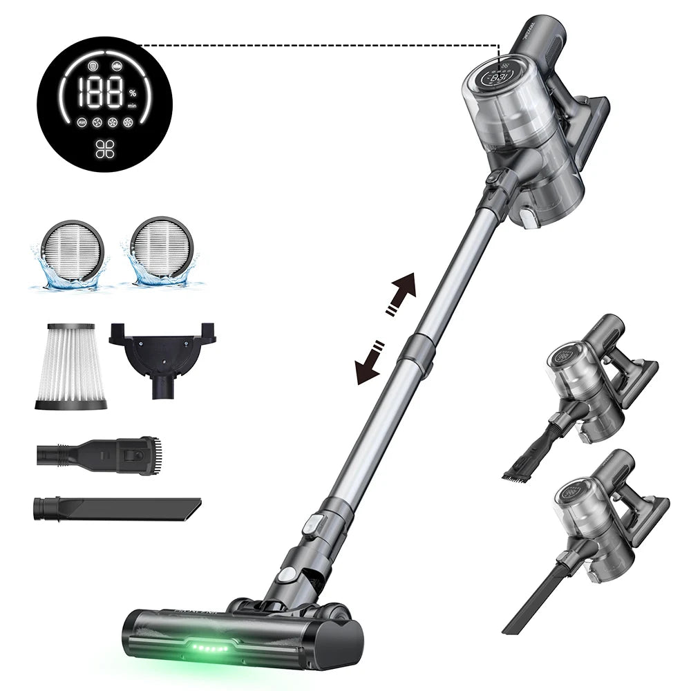 Draadloze Stofzuigers - Stofzuiger - Vacuum Cleaner - met Groen Licht - Anti-klit Rolborstel - 35000Pa - 400W - 2500mAh - Hoogte Verstelbaar Buis - Grijs