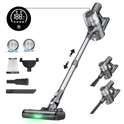 Draadloze Stofzuigers - Stofzuiger - Vacuum Cleaner - met Groen Licht - Anti-klit Rolborstel - 35000Pa - 400W - 2500mAh - Hoogte Verstelbaar Buis - Grijs