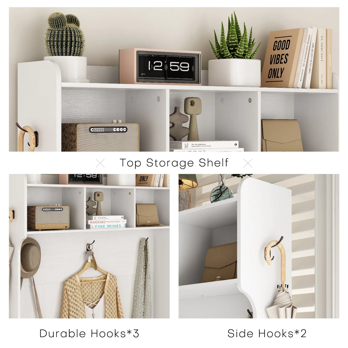 Halboom – Kapstok – Schoenenrek – Zitbank – Opbergmeubel – 6 Haken – Duurzaam Hout - Wit