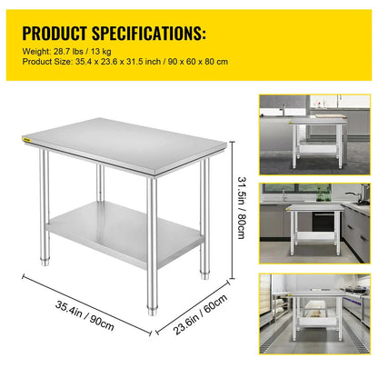 Kitchen Work Table - Cooking Island - Cooking Island - Table - Commercial Catering Table - 35x24x32 inch - 286LBS - with Stainless Steel Bottom Shelf
