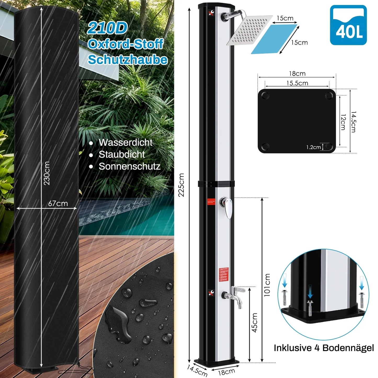 Solar Douche - Douchekraan - Douchepaneel - Camping Douche - Zonnedouche -  40L Solar Shower Kolom – Tuin en Strand Buiten Douche, Koud & Warm Water, Waterproof, Voor Zwembad en Tuin – Zwart Zilver - QUORE