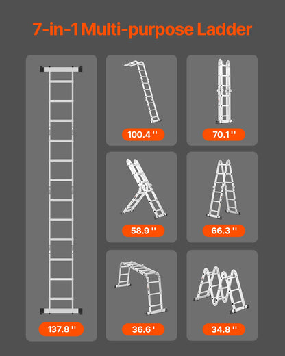 Multifunctionele Vouwladder – 7-in-1 Ladder – Vouwtrap – A-Frame Ladder – Aluminium – 150 Kg Draagvermogen – Antislipvoeten - Zwart - 5 Treden - QUORE