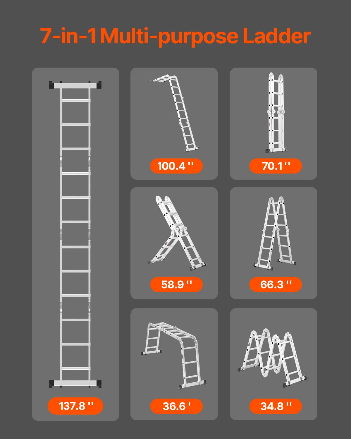 Multifunctionele Vouwladder – 7-in-1 Ladder – Vouwtrap – A-Frame Ladder – Aluminium – 150 Kg Draagvermogen – Antislipvoeten - Zilver - 4 Treden - QUORE