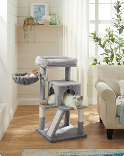 Krabpaal - Kattenboom - met Grote Observatieplatform - 96 cm - Krabplank - en Ramp - Stabiel - Arbre a Chat - Geschikt voor Kittens - en Volwassen Katten - Pluche - Sisal Beklede Kolommen - Lichtgrijs