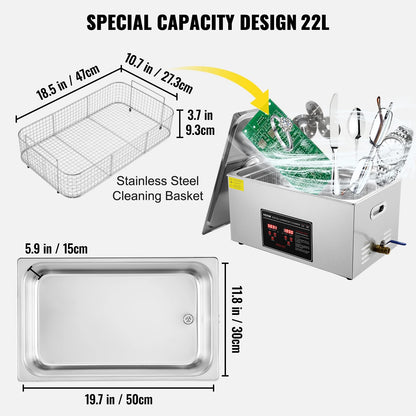 Ultrasoon Reiniger - Reinigingsapparaat voor Sieraden en Brillen - 22L - Ultrasone - Ultrasonic Cleaner - met Digitale Timer en Verwarming - Grote Roestvrijstalen Reinigingsmachine -voor Professioneel Gebruik