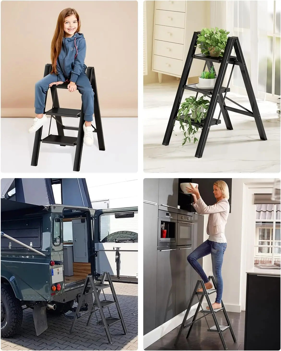 Huishoudtrap – Keukentrap - 3-Treden Ladder – 82,5 cm – Opvouwbare Aluminium - Lichtgewicht - Stevig – Antislip Pedalen - en Handrail - Comfortabele Brede Treden - Max 150 kg - Zwart - QUORE