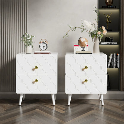 Modern Nachtkastje - Wit - set van 2 - Vergulde handgrepen - Golfpatroon - met 2 laden - gelakt - hoeken in stootvast ontwerp - 39,5 B*40 D*50 H cm - QUORE