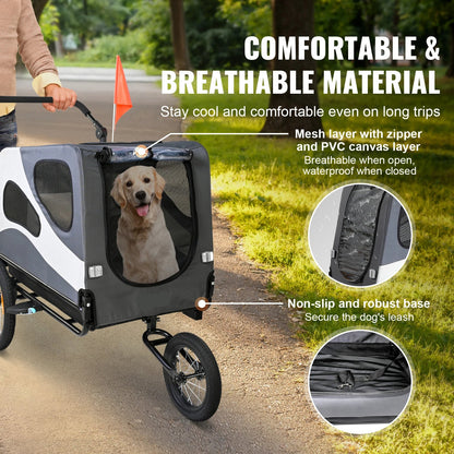2 in 1 - Fietskar - Fietsaanhanger - Transportaanhanger - Kar - Huisdier Kinderwagen - met Vlag - Mesh-vensters - Draagkracht 45kg - Weerbestendig - Oxfordstof - Metalen frame - 81 x 56 x 60 cm - Zwart & Grijs
