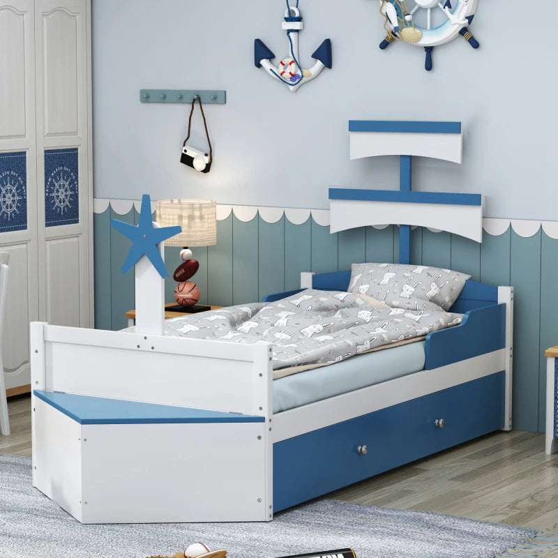 Houten kinderbed - Zeilbootvorm - Lades - Opbergkast Aan Het Einde Van Het Bed - Eenpersoonsbed - Blauw