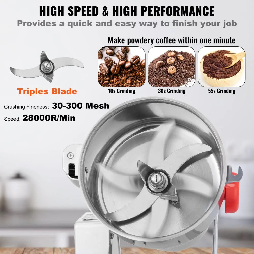Kruidenmolen Elektrisch - Specerijenmolen - Graanmolen - Kruidenmaler - Elektrische Koffie Molen - Hoge snelheid commerciële slijpmachine - 500G - 2000W - 28000RPM - Zilver