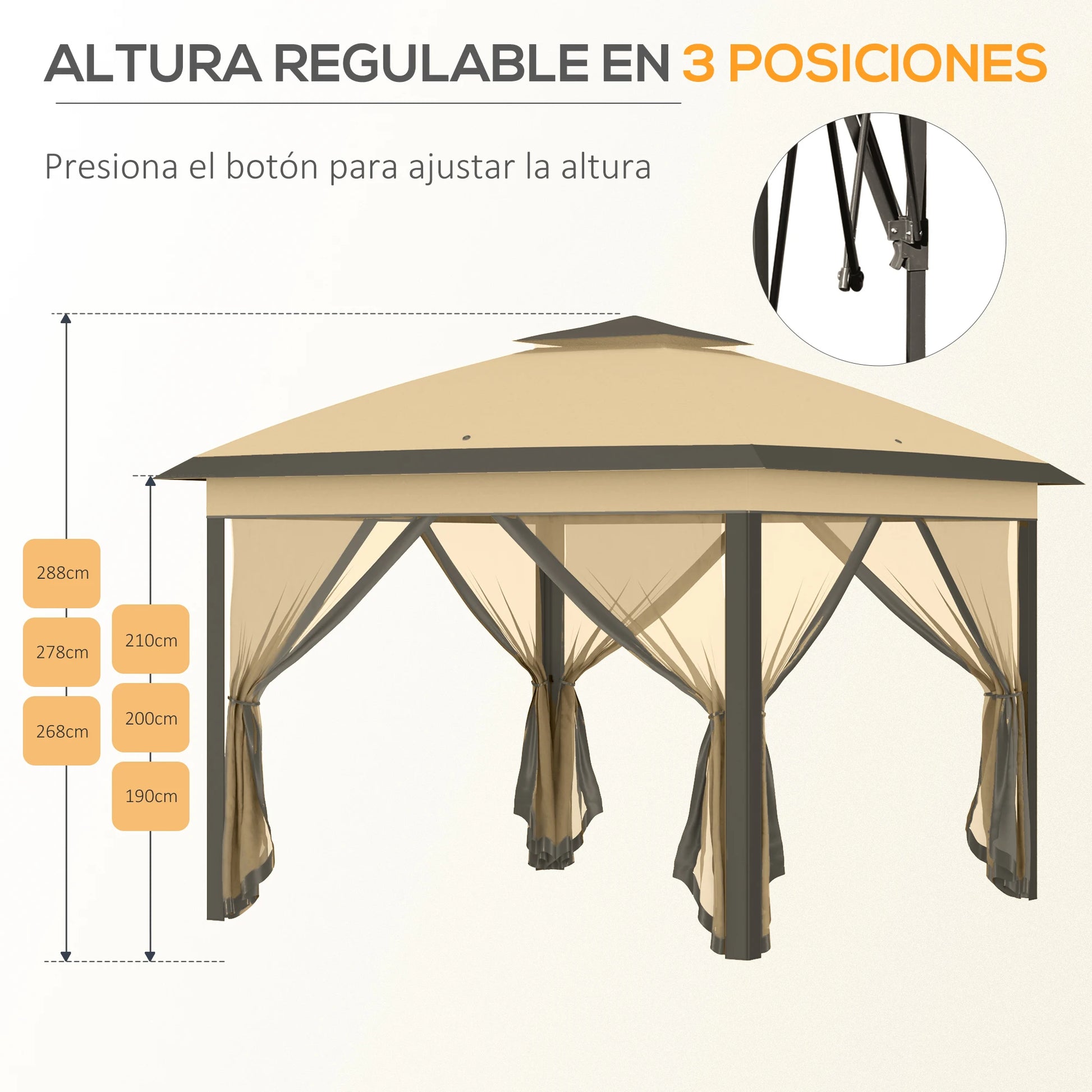 Paviljoen - Tuinpaviljoen - Partytent - Tuintent - Pop-up Kliksysteem - Stabiel - Vouwtent - met Mesh Cover - Draagtas - Opvouwbaar - Waterdicht - Winterbestendig - 50+UV-Bescherming - voor Tuin - Buiten - Achtertuin - 330 x 330 x 288 cm - Beige - QUORE