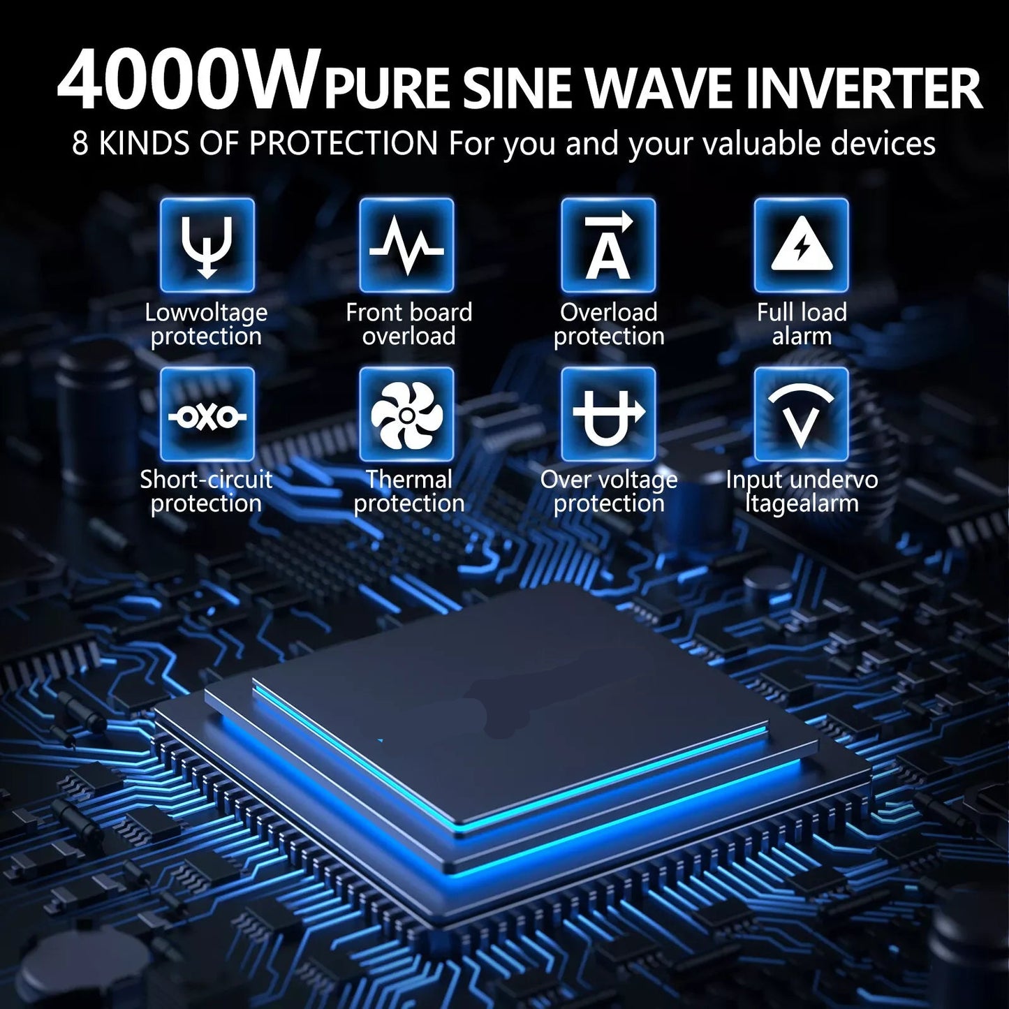 Spanningsomvormer – Inverter – Stroomomvormer – DC Naar AC – 4000W Continue Vermogen – Zuivere Sinusgolf - 12V Naar tot 230V