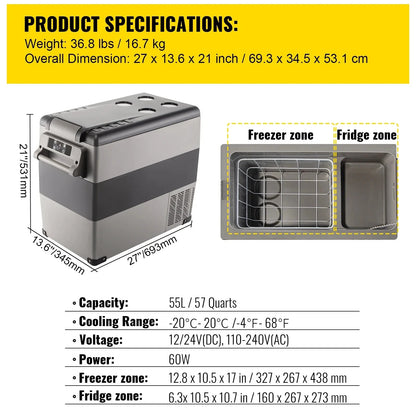 Auto Koelbox - Compressor Koelbox - Compressor Koelkast - Koelbox - met Vriezerfunctie - -20°C tot +20°C - 12V/24V & 230V AC - 55L - Voor Camping - Auto - Boot - Buitenactiviteiten
