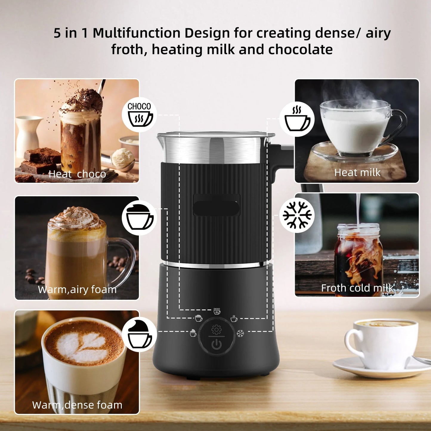 Melkopschuimer - Melkopschuimer Electrisch - Milk Frother - 5-in-1 – Warm & Koud Schuim – Warme Chocolademaker – Vaatwasserbestendig