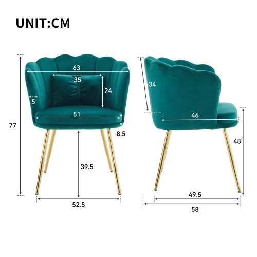 Eetkamerstoelen – Set van 2 - Velours Stoel – Lounge Stoel – Fluwelen Fauteuil – Design Fauteuil – Bloembladdesign – Ergonomisch Zitcomfort – Vergulde Metalen Poten - Blauwgroen