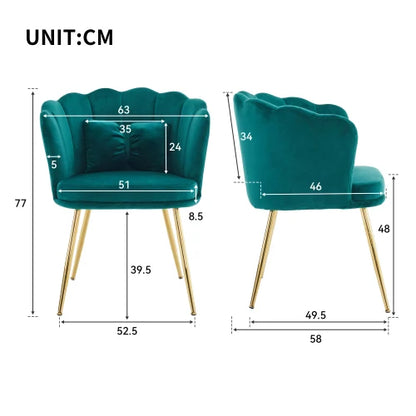 Eetkamerstoelen – Set van 2 - Velours Stoel – Lounge Stoel – Fluwelen Fauteuil – Design Fauteuil – Bloembladdesign – Ergonomisch Zitcomfort – Vergulde Metalen Poten - Blauwgroen
