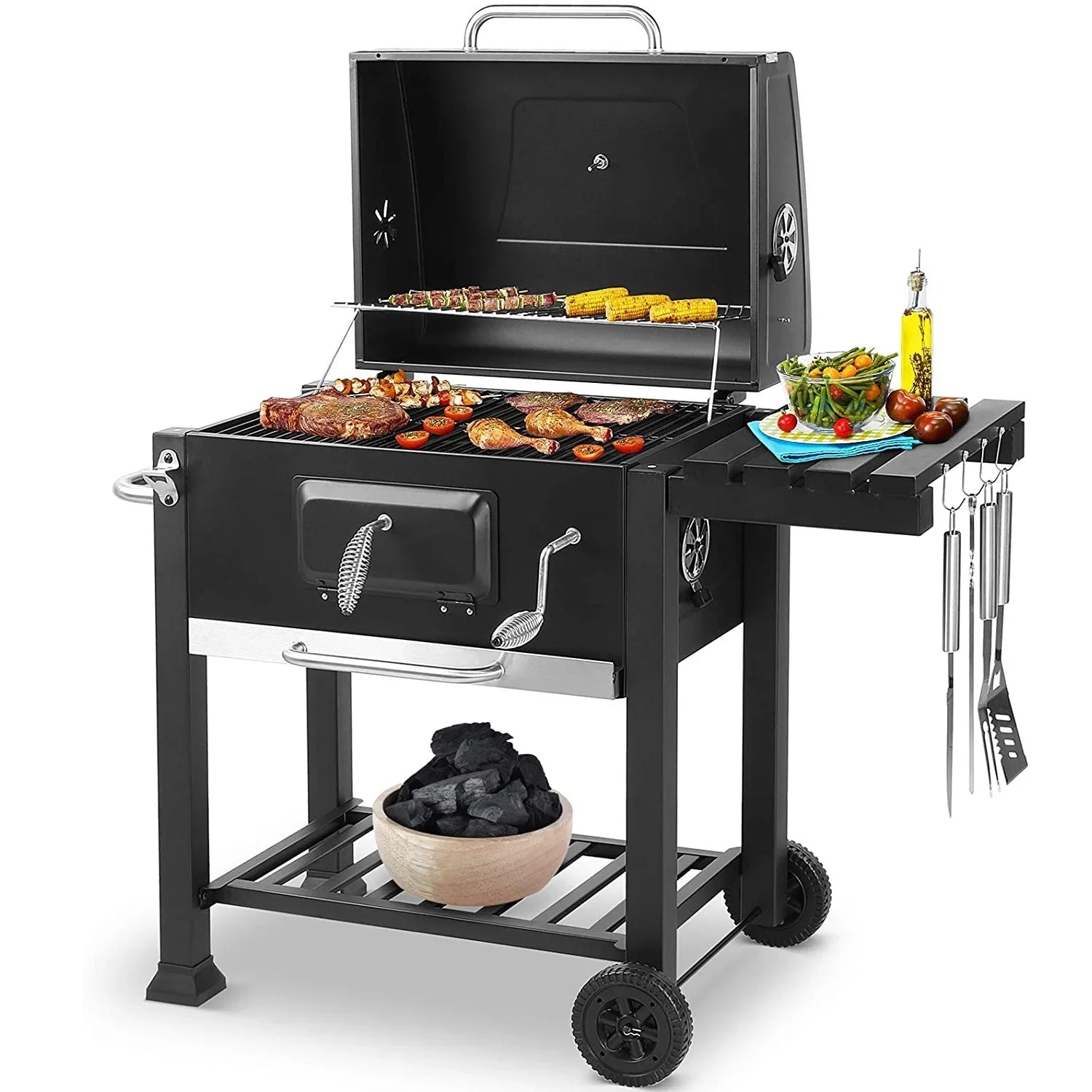 Houtskoolgrill - BBQ-rokergrill -  met 3 Grillroosters - Thermometer - Asbak - Planken - Haken - Verstelbare Houtskoollade - Ventilatie - Wielen - Groot Grilloppervlak - voor Buiten - Terras - Tuin - Achtertuingrillen - 113 x 53.5 x 100 cm - Zwart - QUORE