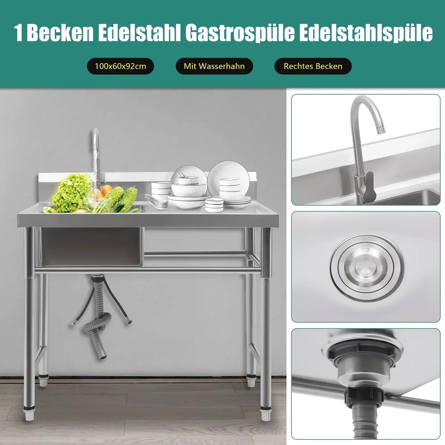 RVS Spoeltafel – Roestvrijstalen Werktafel – Industriële Wasbak – Keukentafel RVS – Vaatsteen RVS – Duurzaam 201 RVS – 360° Draaibare Kraan – Extra Diep Bassin 100x60x93 cm