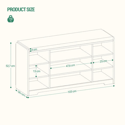 Schoenenbank - met Zitvlak en Opbergkussen - Schoenenrek met 9 Vakken - Verstelbare Planken - Minimalistisch Design - Opbergbank voor Woonkamer - Wit/Grijs - 30 x 103 x 52,7 cm - QUORE