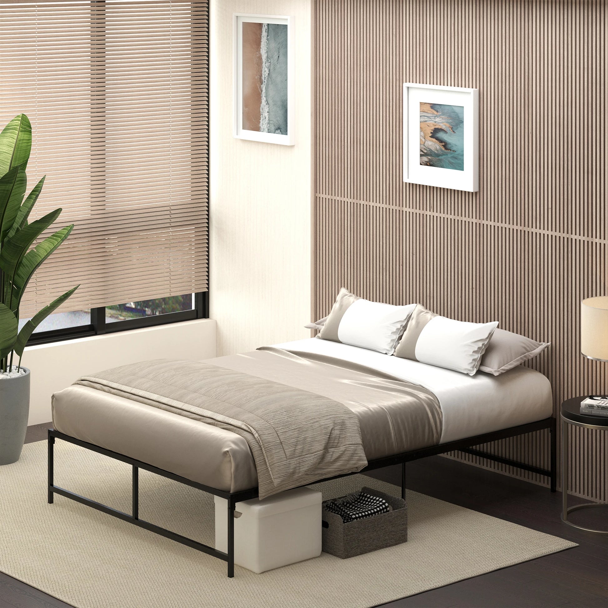 Metalen Bedframe – Stalen Bed – Industrieel Bed – Stevig Bed – Ruimtebesparend Ontwerp – Geschikt Tot 300 Kg – Makkelijk Te Monteren - QUORE