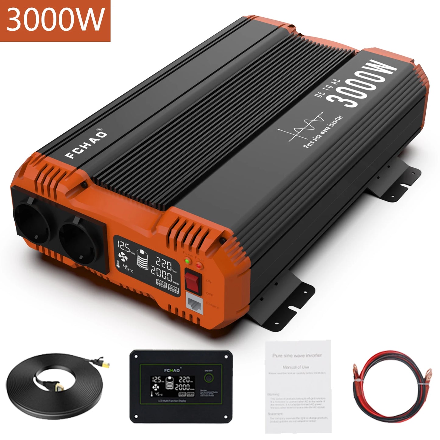 Omvormer – Spanningsomvormer – Inverter – Converter – 12V Naar 220V – Pure Sinusgolf – 3000W Vermogen – LCD Display Met Afstandsbediening - QUORE