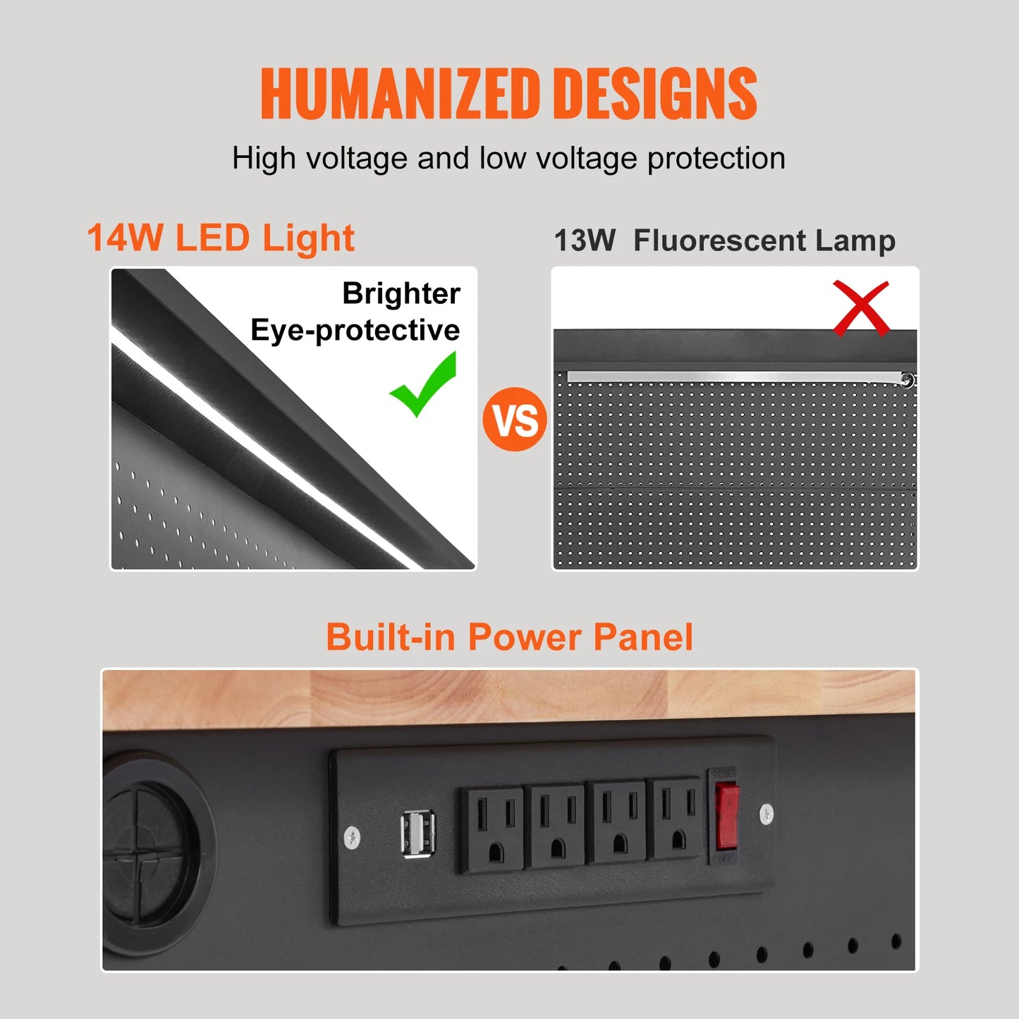 Verstelbare Werkbank 2000lbs - 48"x24" - Hoogte 71-100 cm - Inclusief LED Licht - 3m Kabel & 30 Haken - Voor Garage & Werkplaats