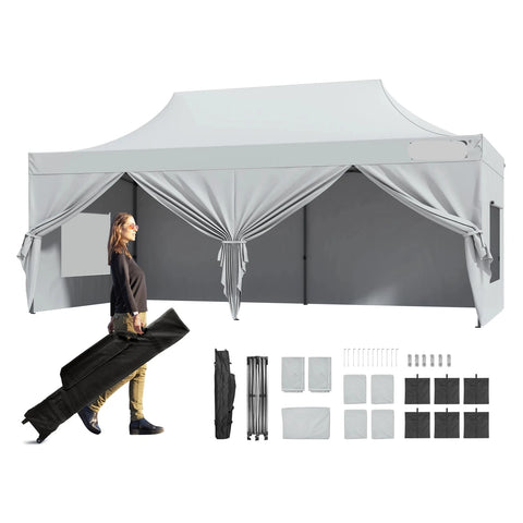 Tent - Luifel - Campingtent - Partytent - Pop-up luifel - Instant luifel - Verwisselbare zijwanden - Draagbaar - Gazebo UV-bestendig - Waterdichte tenten voor buitenevenementen Party - 10x20ft - Zilver